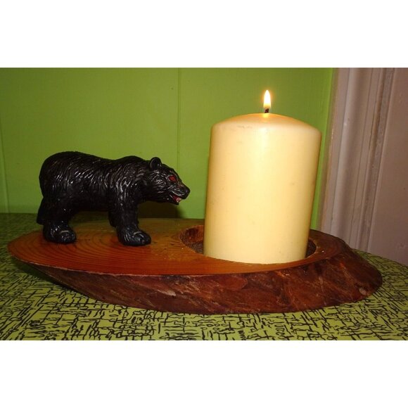 Vintage Log Slice Black Bear Candle Holder rustic primitive cabin decor man cave - Picture 11 of 13